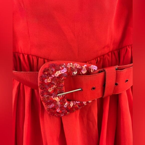 BB Collection off shoulder short sleeve red sequin detail belted dress size S - Picture 3 of 10